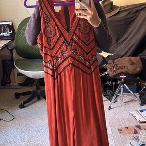 Embroidered Burnt Orange Flowy Jumpsuit